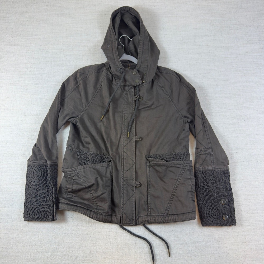 Free People Grey Hooded Utility Jacket Crochet Lace Trim Boho Cotton Canvas XS